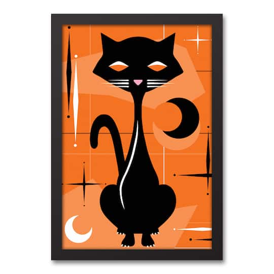 Mid Mod Black Cat Black Framed Canvas Wall Art